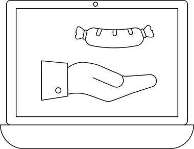 Bir dizüstü bilgisayar basit bir çizim tarzıyla resmedilmiş sosis sunan bir eli gösterir.