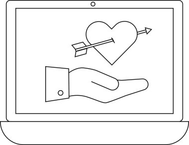Dizüstü bilgisayar ekranında, elinde duran okla delinmiş bir kalp görülüyor. Aşkı ve teknolojiyi simgeliyor..