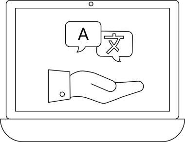 Dizüstü bilgisayar, el simgesi ile çeviri servisini gösteriyor, teknoloji ve iletişimi sembolize ediyor..