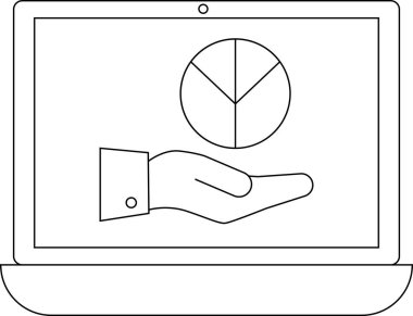 Bir dizüstü bilgisayar ekranı açık bir elin üzerinde süzülen bir pasta grafiği gösterir, veri analizini veya yatırım kavramlarını sembolize eder.