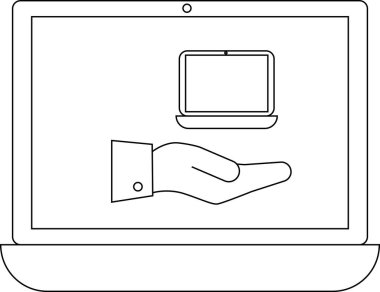 Daha küçük bir dizüstü bilgisayar sunan bir dizüstü bilgisayarı tasvir eden bir çizgi çizimi, teknoloji çözümlerini sembolize ediyor ve destekliyor.