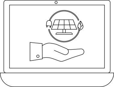 Bir dizüstü bilgisayar ekranında, yenilenebilir enerji ve teknolojiyi sembolize eden bir yaprak ve tıkaçla çevrili bir güneş paneli simgesini gösteren bir el görüntüsü var..