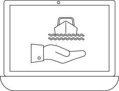 Bir dizüstü bilgisayar ekranında tekneyi suyun üstünde tutan bir el görülüyor. Çevrimiçi tekne sigortasını ve deniz korumasını simgeliyor..