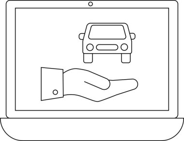 Bir dizüstü bilgisayar ekranı, bir elin üstündeki arabayı gösteriyor, çevrimiçi araç sigortası veya hizmetleri temsil ediyor..