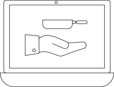 Bir dizüstü bilgisayar ekranında, çevrimiçi aşçılık dersleri ve aşçılık eğitimini sembolize eden bir tava sunan bir el gösterilir.
