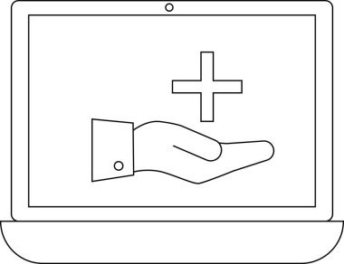 Tıbbi haç tutan bir el gösteren dizüstü bilgisayarın çizgisi, çevrimiçi sağlık hizmetleri ve dijital sağlık hizmetlerini sembolize ediyor..