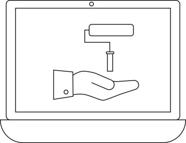 Bir dizüstü bilgisayar ekranında boya silindiri tutan bir el çizimi, çevrimiçi resim hizmetlerini ve ev geliştirme teknolojisini sembolize ediyor..