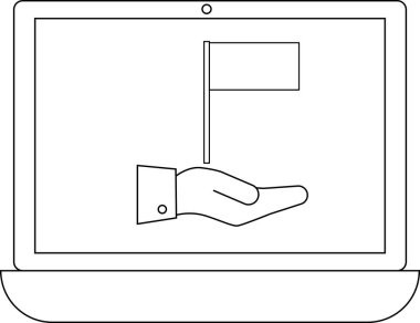 Bir dizüstü bilgisayar, çevrimiçi bir dilekçeyi sembolize eden veya bir amaca destek veren bir bayrağı tutan bir eli gösterir.