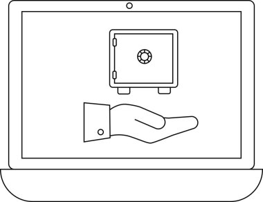Çevrimiçi güvenliği tasvir eden dijital bir illüstrasyon, dizüstü bilgisayar ekranında bir kasa sunan, veri korumasını ve güvenli işlemleri simgeleyen bir el..