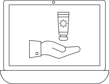 Bir dizüstü bilgisayar ekranında, çevrimiçi tanıtım ve güzellik ürünlerinin erişilebilirliğini sembolize eden bir cilt ürünü sunan bir el gösteriliyor.