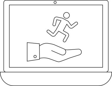 Çalışan bir figürü destekleyen, kariyer geçişi ve iş yardımı için çevrimiçi desteği sembolize eden bir dizüstü bilgisayar ekranı.