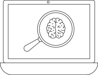 Bir dizüstü bilgisayar ekranı, teknolojide analizi, araştırmayı veya bilişsel fonksiyonları sembolize eden bir büyüteç altında beyin görüntüler..