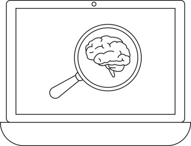 Laptop ekranında gösterilen, araştırma, analiz ya da bilişsel çalışmayı sembolize eden, büyüteç altındaki bir beynin siyah beyaz çizimi..