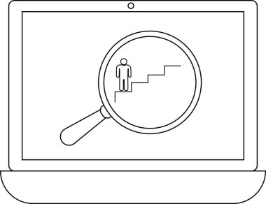 Bir dizüstü bilgisayar ekranında, kariyer gelişimi ve fırsat aramasını sembolize eden, merdivenleri tırmanan bir figüre odaklanan bir büyüteç yer alıyor..