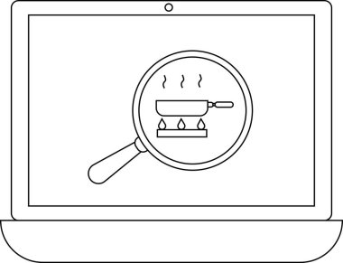 Bir dizüstü bilgisayar ekranında yemek pişirme sahnesinde büyüteç görüntülenir, bu da yemek tarifleri ya da yemek pişirme dersleri için internet üzerinden arama yapılmasını önerir..