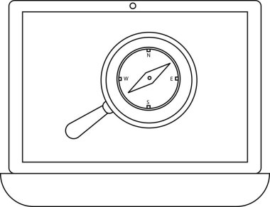 Bir dizüstü bilgisayar ekranı bir büyüteç altında bir pusula gösterir, dijital bağlamda aramayı, keşfi veya rehberliği sembolize eder.