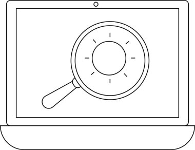 Bir dizüstü bilgisayar ekranında, teknoloji ve dijital keşiflerdeki arama işlevselliğini ve bilgi keşiflerini sembolize eden bir büyüteç simgesi gösterilir.