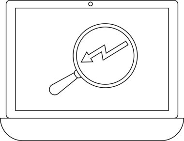 Bir dizüstü bilgisayar ekranı, düşüş veya negatif performans analizini sembolize eden, aşağı doğru eğilim odaklı bir büyüteç gösterir.