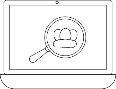 Bir dizüstü bilgisayar ekranı, arama ya da analizi sembolize eden bir grup simgesine odaklanan bir büyüteç gösterir.