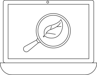 Bir dizüstü bilgisayar ekranında, bir yaprağa odaklanan büyüteç, çevre araştırmalarını veya çevre dostu teknolojiyi sembolize ediyor.