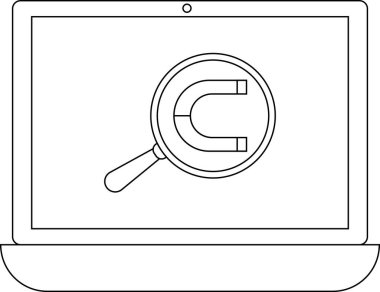 Bir dizüstü bilgisayar ekranı, bir mıknatıs simgesine odaklanan, teknolojideki arama, çekim veya veri analizini sembolize eden bir büyüteç gösterir..