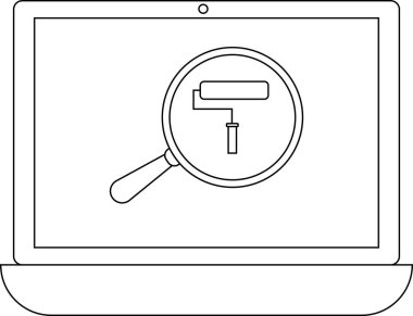 Bir dizüstü bilgisayar ekranında boya silindirine odaklanan, tasarım veya yenileme araçlarını sembolize eden bir büyüteç görüntüler.
