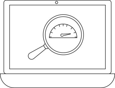 Bir dizüstü bilgisayar ekranında hız göstergesi üzerinde süzülen bir büyüteç, performans analizini ve bilgisayarda optimizasyonu simgeler..