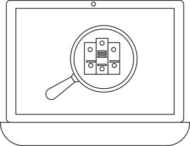 A laptop screen shows a magnifying glass focused on server racks, symbolizing data analysis or network monitoring.