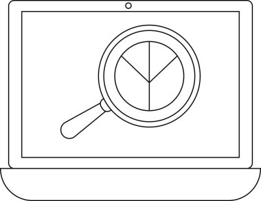 Bir dizüstü bilgisayar ekranı, veri analizi ve araştırmayı sembolize eden bir büyüteçle incelenen bir pasta grafiği gösteriyor..