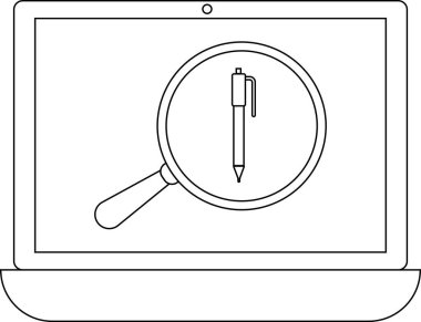 Bir dizüstü bilgisayar ekranında, dijital bağlamda araştırma, yazma veya araştırmayı sembolize eden bir kalem üzerinde büyüteç gösterilir..