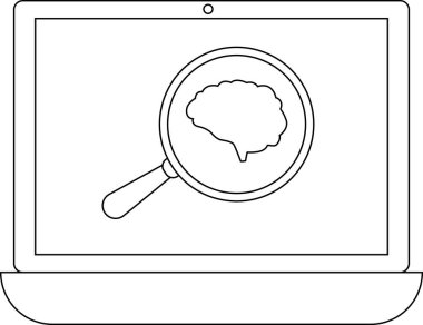 Bir dizüstü bilgisayar ekranında basit bir tasvir tarzında tasvir edilmiş bir büyüteç altında incelenen bir beyin görülüyor..