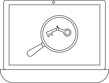 Bir dizüstü bilgisayar ekranı kırık bir anahtarın üzerinde büyüteç gösteriyor, bu da teknolojideki güvenlik açıklarını ya da veri ihlallerini simgeliyor..
