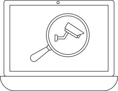 Bir dizüstü bilgisayar ekranı, bir büyüteç altında bir CCTV kamera simgesi gösterir, dijital bağlamda gözetim, güvenlik veya soruşturmayı sembolize eder..