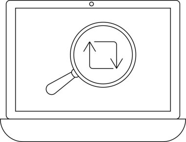 Bir dizüstü bilgisayar ekranında büyüteç altında veri analizi, transfer veya teknolojiyi sembolize eden bir veri eşzamanlama simgesi gösterilir.