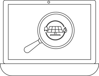 Bir güneş paneli simgesini büyüteç altında yenilenebilir enerji araştırması veya bilgiyi sembolize eden bir dizüstü bilgisayar ekranının canlandırması.