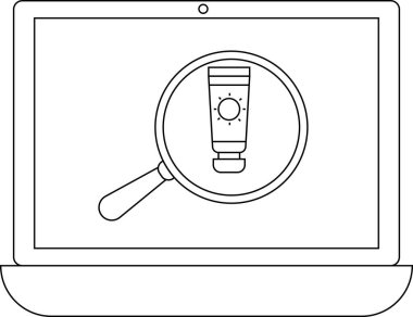 Bir dizüstü bilgisayar ekranında güneş kremi tüpünün üzerinde güneş koruma ürünleri ve bilgi arayışını sembolize eden bir büyüteç görülüyor..