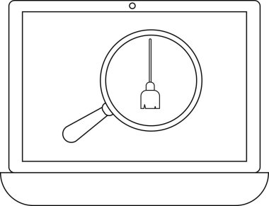 Bir dizüstü bilgisayar ekranında asılı duran bir lambaya odaklanan bir büyüteç görüntüler, arama veya teftiş önerir.