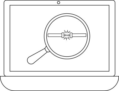 Kırık bir bağlantıyı görüntüleyen bir dizüstü bilgisayar görüntüsü büyüteçle inceleniyor, teknik sorunları sembolize ediyor veya sorun çıkartıyor..