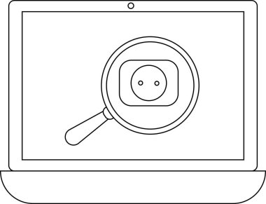 Bir dizüstü bilgisayar, güç aramasını veya bağlantıyı sembolize eden bir elektrik prizine odaklanmış bir büyüteç görüntüler.