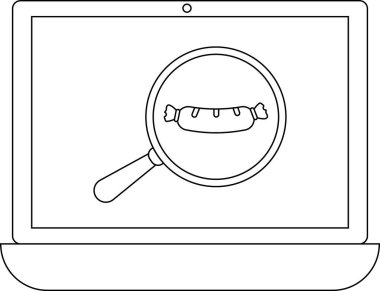 Bir dizüstü bilgisayar ekranında büyüteç altında bir sosis gösterilir, çevrimiçi yemek aramasını sembolize eder. Resim dijital keşifleri ve aşçılık keşiflerini temsil ediyor..