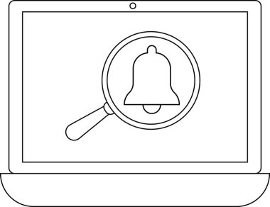 Bir çan simgesinin üzerinde bir büyüteç gösteren dizüstü bilgisayar ekranının çizgi çizimi, uyarıları veya uyarıları simgeler.