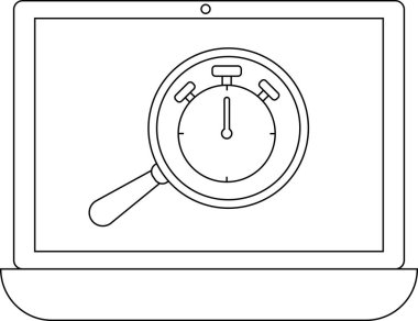 Bir dizüstü bilgisayar ekranında bir kronometrenin üzerinde büyüteç görüntüler, zaman izleme, performans analizi veya verimlilik izleme simgesi.