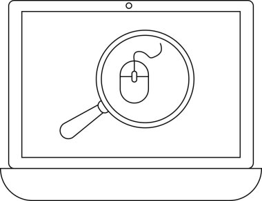 Bilgisayar faresine odaklanmış bir büyüteci gösteren dizüstü bilgisayarın basit bir çizgisi çizimi.