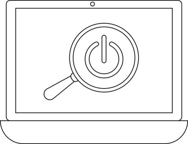 Bir dizüstü bilgisayar ekranında büyüteçle büyütülmüş, teknolojiyi, enerjiyi ve çözüm arayışını sembolize eden bir güç düğmesi görüntülenir.