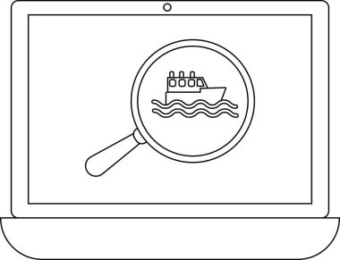 Bir dizüstü bilgisayar ekranında bir yolcu gemisi simgesinin üzerinde bir büyüteç görüntülenir, bu da online gezi ve arama planlarını sembolize eder..