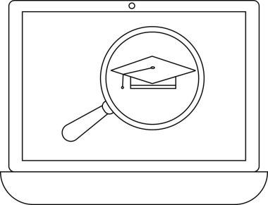 Bir dizüstü bilgisayar ekranında mezuniyet şapkasına odaklanan, çevrimiçi eğitim aramasını ve akademik uğraşları sembolize eden bir büyüteç görüntülenir.