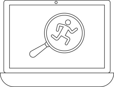 Bir dizüstü bilgisayar ekranında, çevrimiçi iş arama ve kariyer fırsatlarını sembolize eden, büyüteç altında çalışan bir figür gösteriliyor.