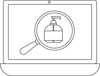 Bir dizüstü bilgisayar ekranında el dezenfektanı şişesine odaklanan bir büyüteç görüntülenir, bu da online temizlik ürünleri aramasını sembolize eder..