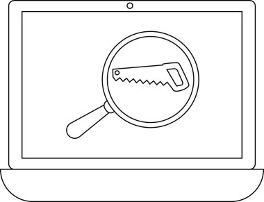 Bir dizüstü bilgisayar ekranında testere bıçağına odaklanan bir büyüteç, çevrim içi araç aramalarını ve ahşap işçiliği ve inşaat için dijital çözümleri sembolize eden bir büyüteç görüntüler.