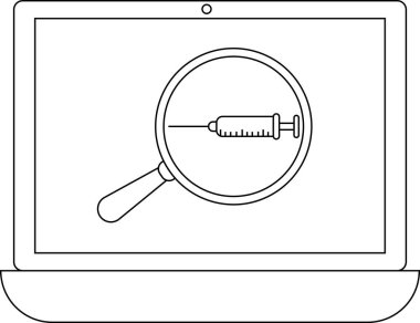 Bir dizüstü bilgisayar ekranında, dijital çağda online aşı araştırma ve bilgi erişimini sembolize eden bir şırınga büyüteç altında gösterilir..